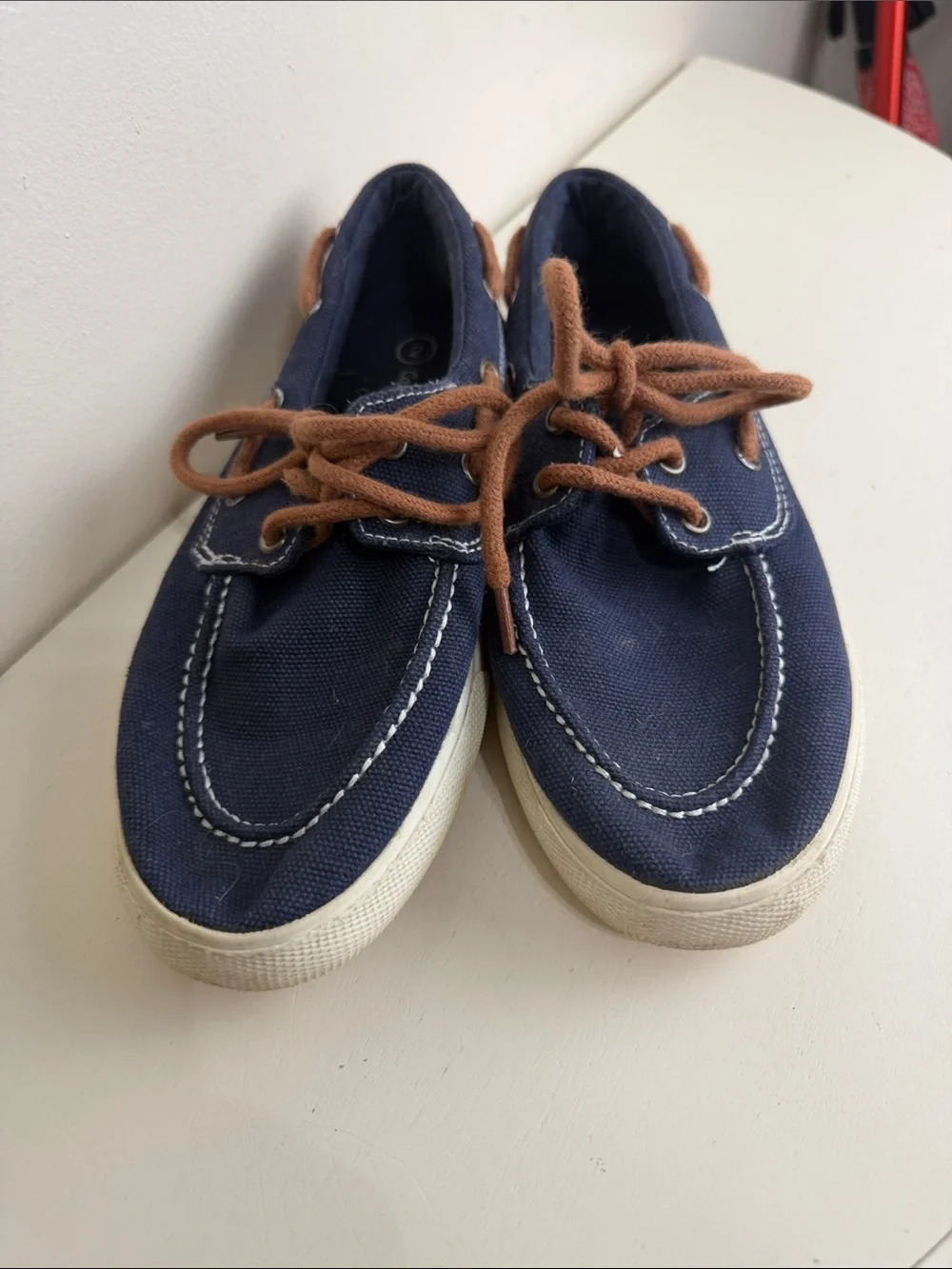 (2293) Cat & Jack Navy Canvas Boat Shoes with Brown Laces, Size: 2Y
